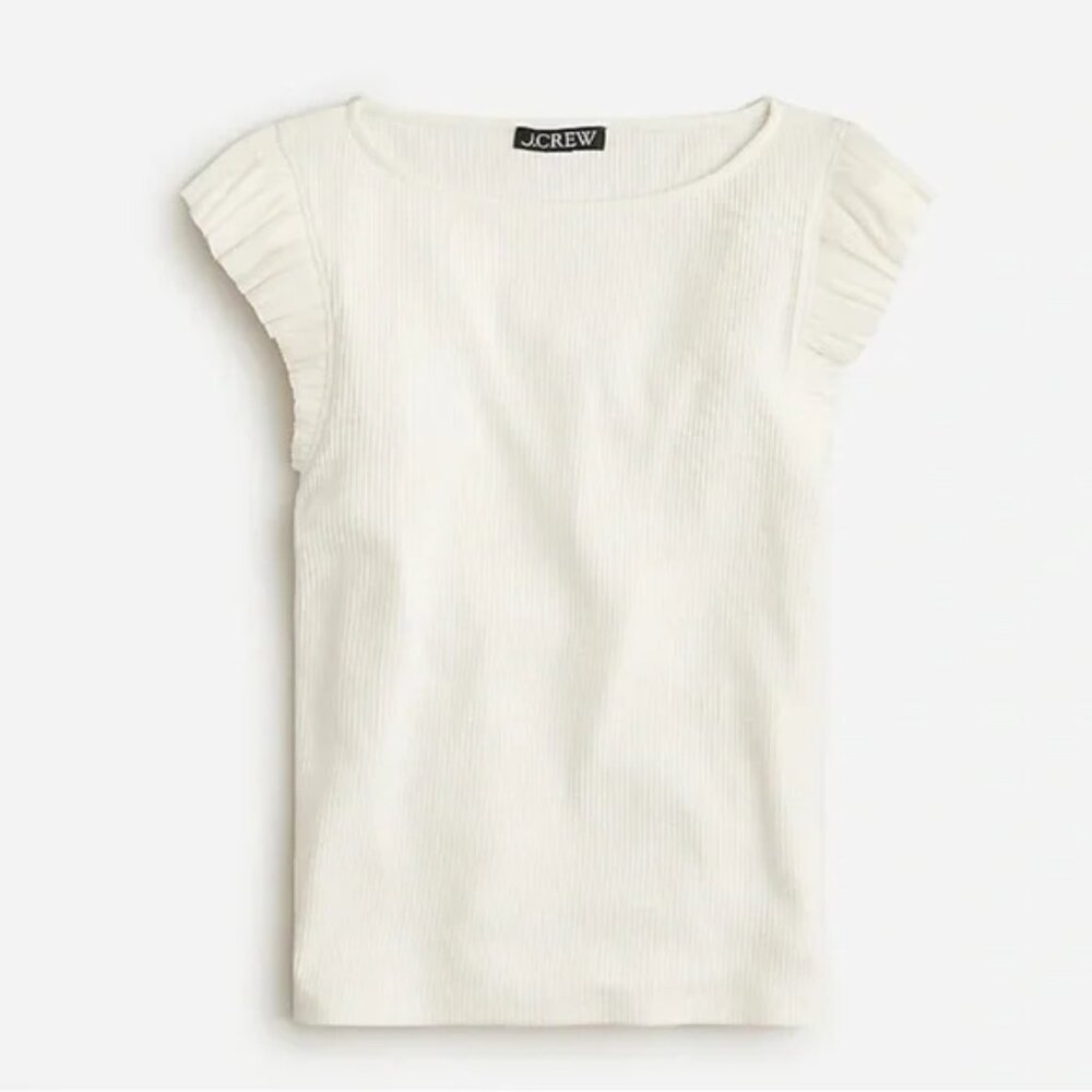 J Crew Vintage rib ruffle sleeve boatneck tank top ivory white